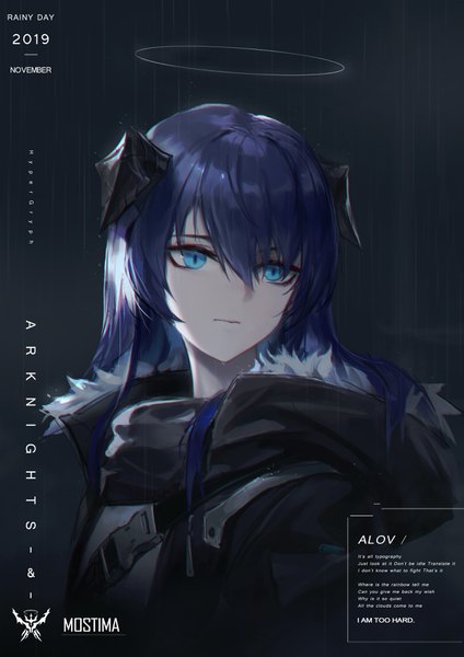 Anime picture 2480x3508 with arknights mostima (arknights) alov single long hair tall image fringe highres blue eyes hair between eyes signed blue hair looking away horn (horns) copyright name character names rain 2019 girl jacket