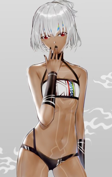 Anime picture 1181x1870 with fate (series) fate/grand order altera (fate) horz single tall image looking at viewer fringe short hair breasts light erotic simple background hair between eyes red eyes standing bare shoulders cleavage silver hair nail polish fingernails