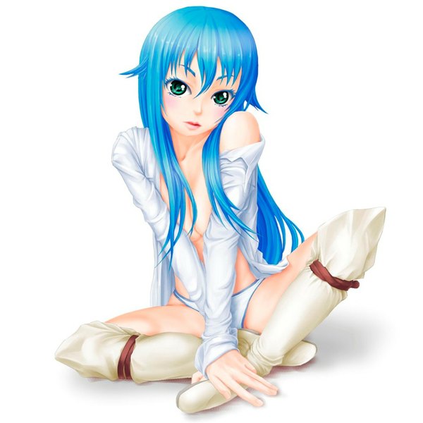 Anime picture 1040x1040 with zero no tsukaima j.c. staff sylpheed pi (pppppchang) long hair blush breasts light erotic simple background white background sitting bare shoulders green eyes blue hair cleavage lips aqua hair open clothes open shirt girl