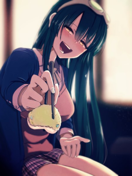Anime picture 2407x3210 with vocaloid voiceroid touhoku zunko at2. single long hair tall image looking at viewer blush fringe highres breasts open mouth smile hair between eyes sitting yellow eyes payot indoors head tilt