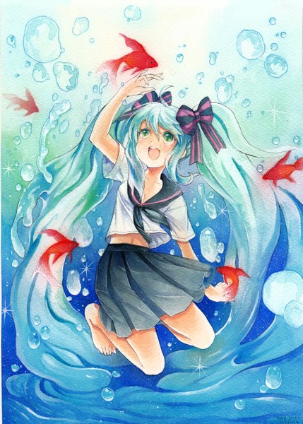 Anime picture 1073x1500 with vocaloid hatsune miku bottle miku mosho single tall image open mouth twintails green eyes signed ahoge very long hair barefoot aqua hair looking up traditional media watercolor (medium) liquid hair girl bow