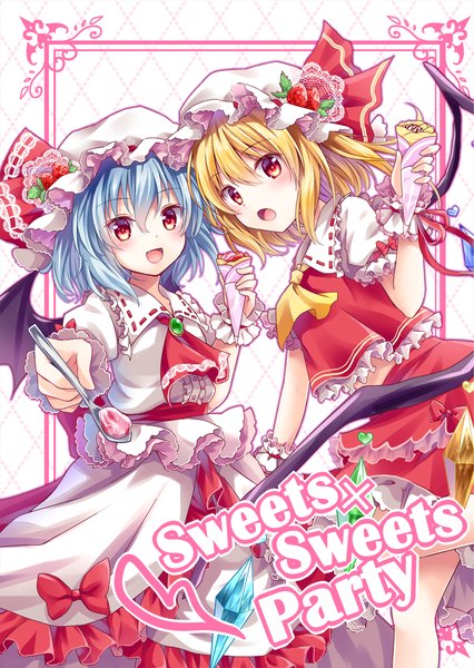 Anime picture 1000x1408 with touhou flandre scarlet remilia scarlet kure~pu tall image blush short hair open mouth blonde hair smile multiple girls blue hair traditional clothes :d inscription orange eyes demon wings girl skirt ribbon (ribbons)