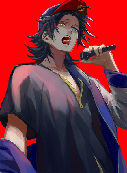 Anime picture 600x817 with hypnosis mic yamada jirou kota uro single tall image looking at viewer short hair open mouth black hair simple background upper body mole from below mole under eye heterochromia red background mole under mouth boy tongue microphone