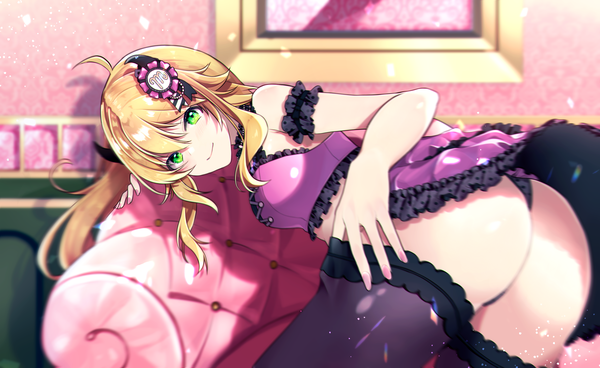 Anime picture 3536x2172 with idolmaster idolmaster (classic) hoshii miki obybuss single long hair looking at viewer blush fringe highres light erotic blonde hair smile hair between eyes wide image green eyes payot absurdres ahoge ass