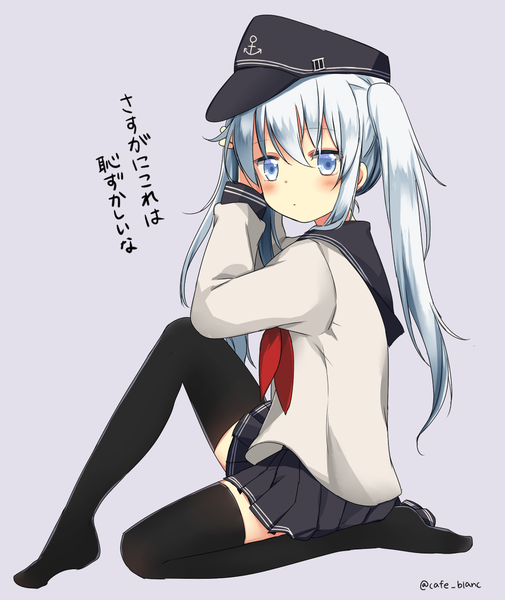 Anime picture 1000x1188 with kantai collection hibiki destroyer motohara moka single long hair tall image blush fringe blue eyes simple background hair between eyes sitting signed payot looking away silver hair bent knee (knees) long sleeves pleated skirt grey background