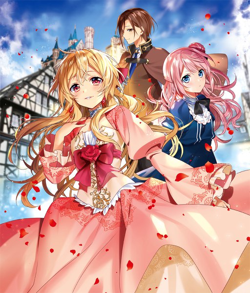 Anime picture 1024x1200 with drop!! a tale of the fragrance princess murakami yuichi long hair tall image looking at viewer blush fringe short hair blue eyes blonde hair smile hair between eyes red eyes brown hair standing multiple girls brown eyes pink hair sky cloud (clouds)