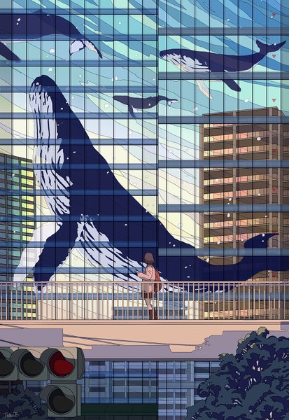 Anime picture 1000x1450 with original seraphitalg single tall image short hair brown hair outdoors reflection girl animal building (buildings) backpack bridge skyscraper traffic lights whale