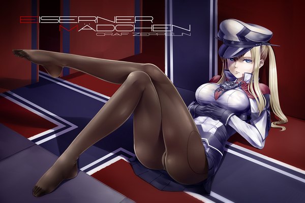 Anime picture 1800x1200 with kantai collection graf zeppelin (kantai collection) kazuki seihou single long hair looking at viewer highres breasts blue eyes light erotic blonde hair twintails full body lying pantyshot no shoes legs character names crossed legs girl