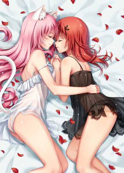Anime picture 1000x1399 with original haneru long hair tall image fringe highres light erotic multiple girls animal ears pink hair bent knee (knees) red hair tail lying eyes closed animal tail profile cat ears bare legs cat tail