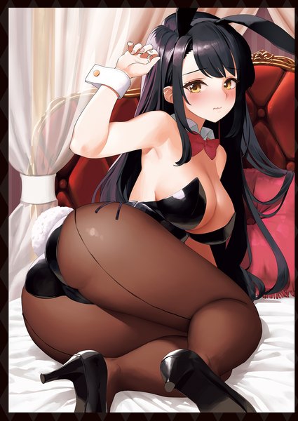 Anime picture 1359x1920 with original kaisen chuui single long hair tall image looking at viewer blush fringe breasts light erotic black hair large breasts animal ears yellow eyes full body ass indoors tail animal tail arm up