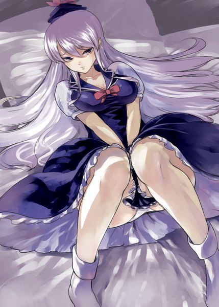 Anime picture 800x1119 with touhou kamishirasawa keine miya9 single long hair tall image looking at viewer fringe breasts light erotic large breasts purple eyes purple hair bent knee (knees) from above pantyshot girl dress underwear panties