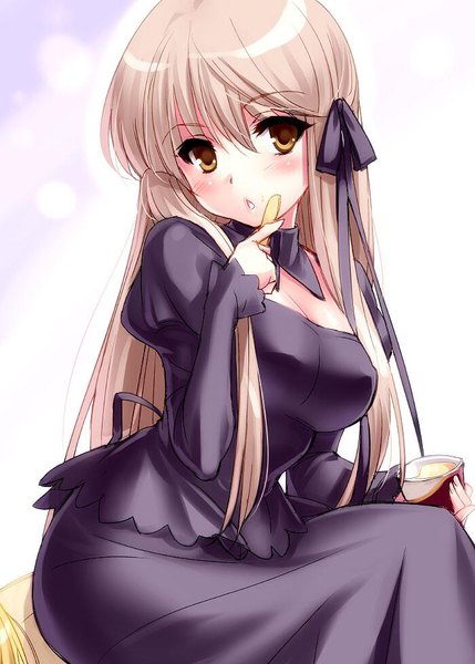 Anime picture 700x979 with rewrite senri akane zen (kamuro) single long hair tall image blush fringe breasts light erotic blonde hair large breasts sitting holding brown eyes long sleeves puffy sleeves eating girl ribbon (ribbons)