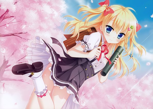 Anime picture 4192x3000 with original moribe (rabumanyo) single long hair looking at viewer highres blue eyes blonde hair smile absurdres scan loli cherry blossoms girl uniform bow plant (plants) hair bow school uniform petals