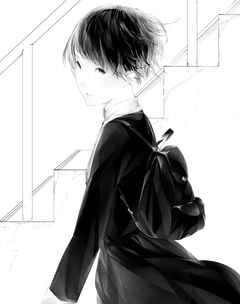 Anime picture 1100x1395 with original sousou (sousouworks) single tall image looking at viewer short hair black hair white background black eyes monochrome girl dress black dress stairs backpack
