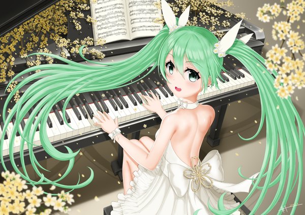 Anime picture 3508x2480 with vocaloid hatsune miku ken-san single long hair looking at viewer blush fringe highres breasts open mouth smile hair between eyes sitting twintails bare shoulders green eyes signed payot absurdres
