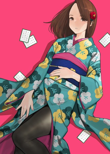 Anime picture 858x1200 with miru tights moegi homi yomu (sgt epper) single long hair tall image looking at viewer fringe simple background brown hair brown eyes bent knee (knees) lying traditional clothes parted lips japanese clothes hair flower wide sleeves on back floral print