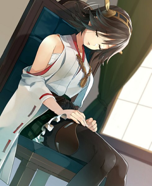Anime picture 706x864 with kantai collection hiei battleship bunkyo takemi single tall image short hair brown hair sitting bare shoulders eyes closed head tilt dutch angle sleeping nontraditional miko girl hair ornament pantyhose window curtains chair