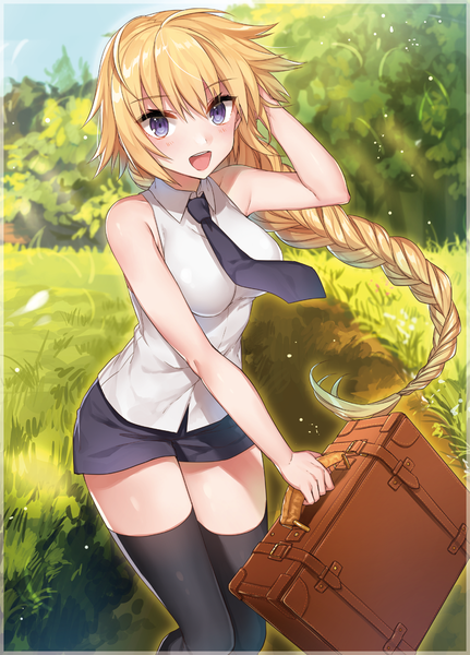 Anime picture 882x1227 with fate (series) fate/apocrypha jeanne d'arc (fate) (all) jeanne d'arc (fate) shirako miso single long hair tall image looking at viewer blush fringe open mouth blonde hair hair between eyes standing purple eyes holding payot outdoors braid (braids)