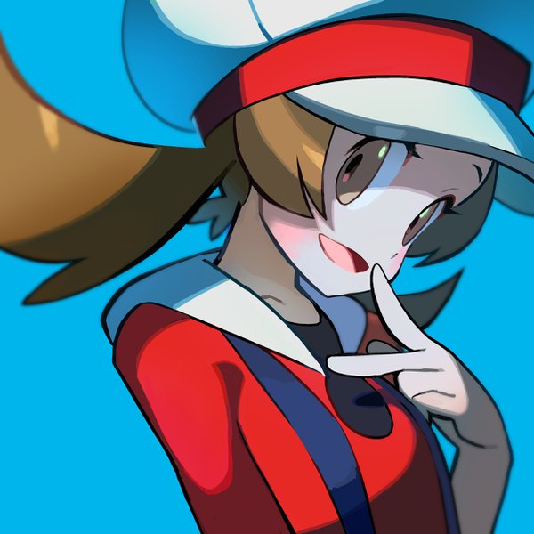 Anime picture 2500x2500 with pokemon pokemon heartgold and soulsilver nintendo lyra (pokemon) tokiya single long hair looking at viewer blush highres open mouth simple background brown hair twintails brown eyes low twintails finger to mouth portrait blue background shaded face