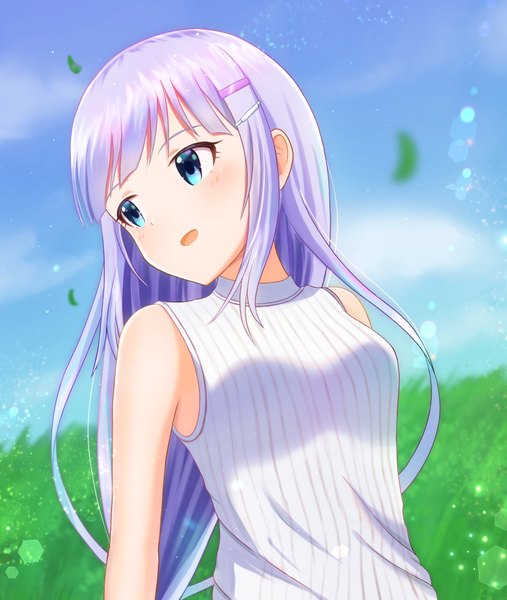 Anime picture 1701x2011 with idolmaster idolmaster million live! idolmaster million live! theater days shiraishi tsumugi runmo77 single long hair tall image blush fringe highres open mouth blue eyes smile bare shoulders payot looking away sky purple hair cloud (clouds)