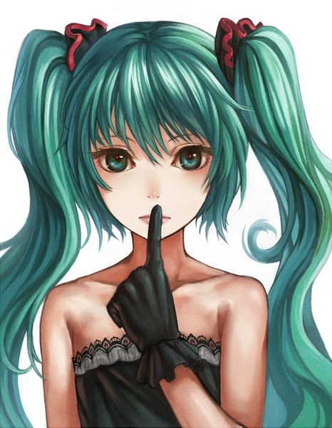 Anime picture 1000x1285 with vocaloid hatsune miku mokyu single long hair tall image looking at viewer simple background white background twintails bare shoulders aqua eyes aqua hair girl gloves black gloves
