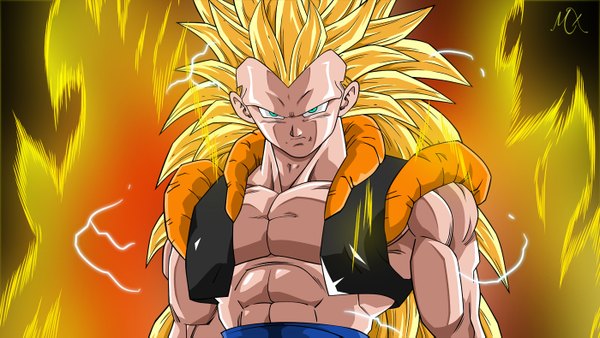 Anime picture 1400x789 with dragon ball dragon ball z gogeta maniaxoi single long hair blonde hair wide image green eyes glowing muscle power boy vest