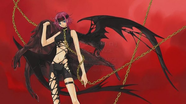 Anime picture 1280x720 with code geass sunrise (studio) kallen stadtfeld blue eyes light erotic wide image pink hair red hair torn clothes wings headband chain collar coat cap lead