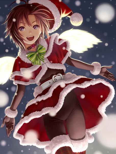 Anime picture 870x1146 with original nekopuchi single tall image looking at viewer short hair open mouth brown hair black eyes dutch angle fur trim snowing christmas winter girl dress gloves wings choker elbow gloves