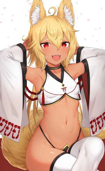 Anime picture 1227x2000 with original mathew (srmmk mce) single long hair tall image looking at viewer blush fringe open mouth light erotic simple background blonde hair hair between eyes red eyes white background sitting bare shoulders animal ears payot ahoge