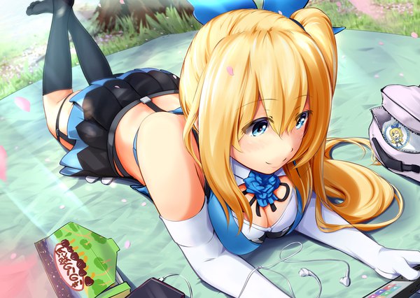 Anime picture 1764x1254 with virtual youtuber mirai akari project mirai akari r_linge single long hair blush fringe highres breasts blue eyes light erotic blonde hair smile hair between eyes bare shoulders holding looking away full body outdoors