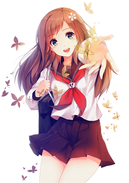 Anime picture 1200x1696 with original aki (caidychen) caidychen pustakkeramzytowy single long hair tall image looking at viewer blush blue eyes smile brown hair hair flower transparent background rendered girl uniform hair ornament flower (flowers) school uniform