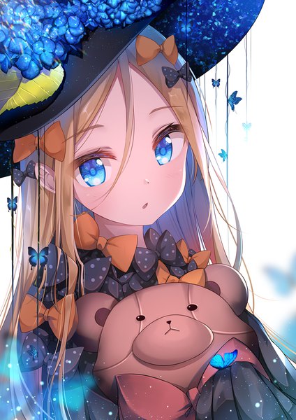 Anime picture 803x1136 with fate (series) fate/grand order abigail williams (fate) lokyin house single long hair tall image looking at viewer blue eyes blonde hair hair between eyes upper body portrait girl flower (flowers) bow hair bow hat insect butterfly