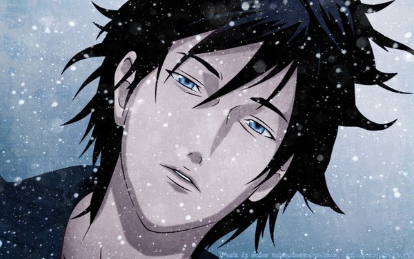 Anime picture 1920x1200 with aoi bungaku series yozo oba single highres short hair blue eyes black hair wide image snowing winter snow face boy