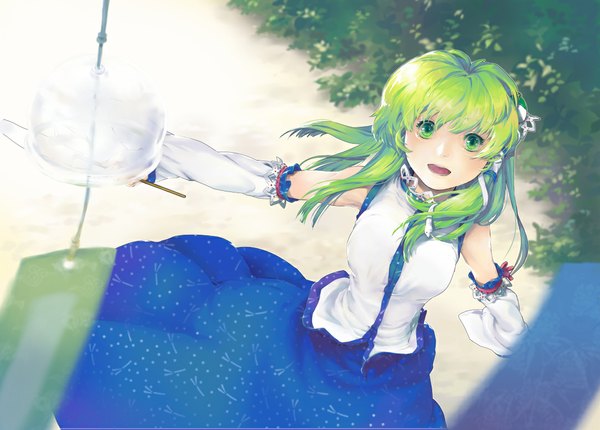 Anime picture 1084x777 with touhou kochiya sanae jit single long hair looking at viewer open mouth green eyes green hair girl dress hair ornament detached sleeves hair tubes gohei