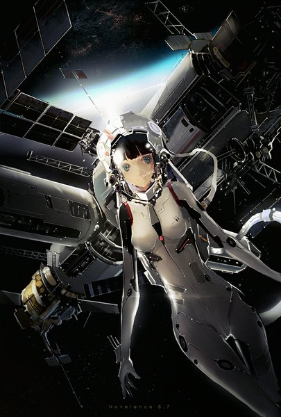 Anime picture 800x1184 with original novelance single tall image looking at viewer fringe short hair blue eyes black hair smile night night sky space girl star (stars) bodysuit wire (wires) planet spacecraft spacesuit