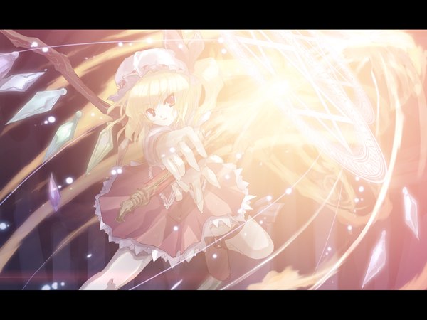 Anime picture 1600x1200 with touhou flandre scarlet tokiame single looking at viewer short hair blonde hair red eyes magic letterboxed girl weapon hat wings bonnet laevatein (touhou)