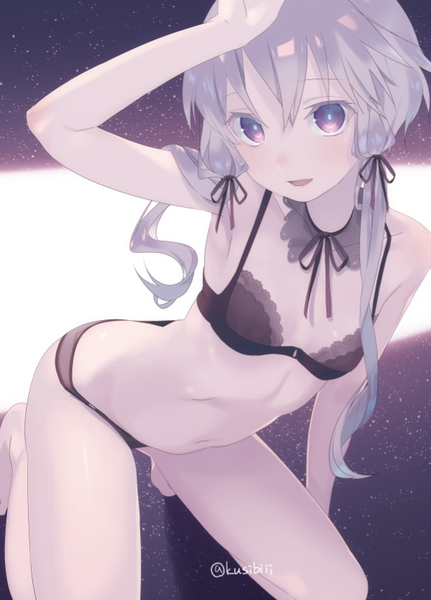 Anime picture 615x855 with vocaloid voiceroid yuzuki yukari haruwakame single long hair tall image looking at viewer fringe open mouth light erotic simple background smile hair between eyes twintails purple eyes signed purple hair bent knee (knees) underwear only
