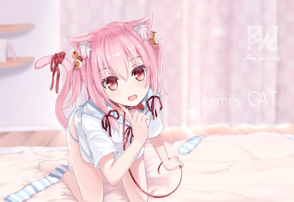 Anime picture 2834x1952 with original jcj0125 single long hair looking at viewer blush fringe highres open mouth light erotic hair between eyes red eyes holding signed animal ears pink hair full body ahoge bent knee (knees) indoors