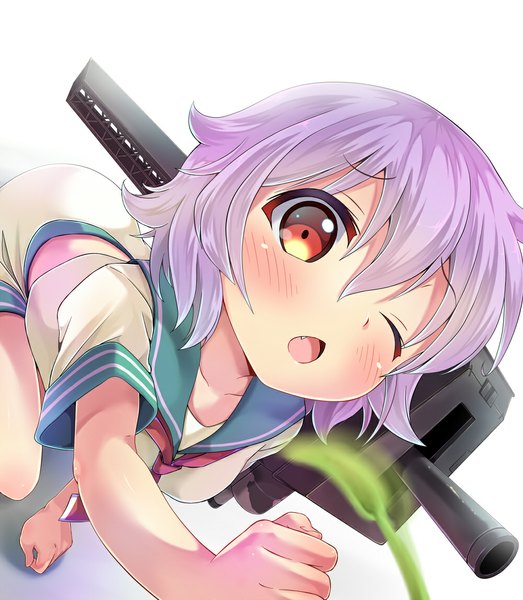 Anime picture 1000x1148 with kantai collection tama light cruiser kakao rantan single tall image blush short hair open mouth simple background white background purple hair one eye closed wink orange eyes kneeling girl weapon shorts gun sailor suit