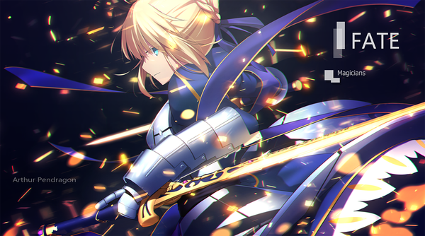 Anime picture 1313x731 with fate (series) fate/stay night artoria pendragon (all) saber magicians (zhkahogigzkh) single short hair simple background blonde hair wide image holding signed payot looking away upper body profile aqua eyes light smile copyright name character names