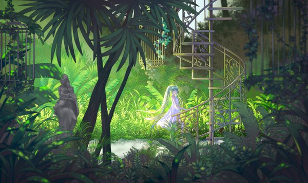 Anime picture 1500x891 with vocaloid hatsune miku hei yu single looking at viewer wide image twintails very long hair aqua eyes aqua hair girl dress plant (plants) white dress sundress stairs cage greenhouse
