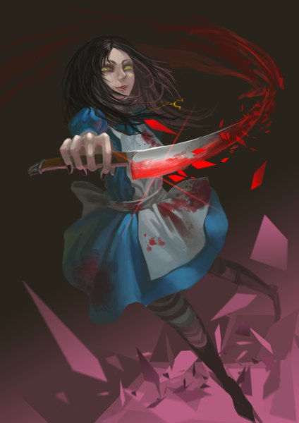 Anime picture 1181x1671 with american mcgee's alice (game) alice: madness returns alice (american mcgee's) cmy single long hair tall image looking at viewer black hair green eyes nail polish dark background girl dress pantyhose pendant blood thigh boots apron knife