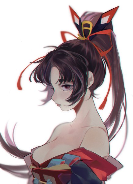 Anime picture 870x1200 with onmyoji youtouhime ez 1011 single long hair tall image looking at viewer breasts light erotic black hair simple background white background bare shoulders payot cleavage upper body profile black eyes off shoulder girl