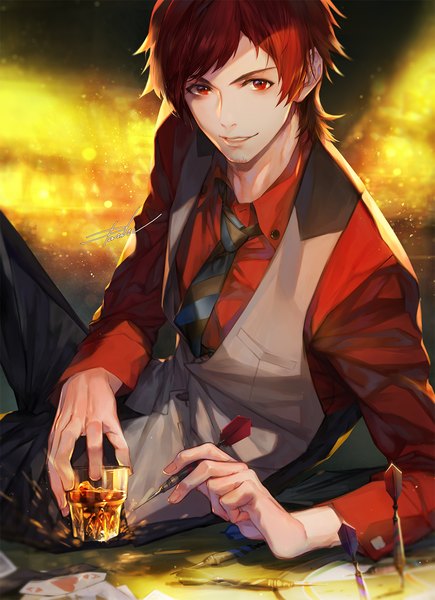 Anime picture 1000x1379 with idolmaster idolmaster side-m tendou teru danhu single tall image looking at viewer short hair red eyes signed red hair light smile arm support boy shirt necktie vest alcohol red shirt whiskey