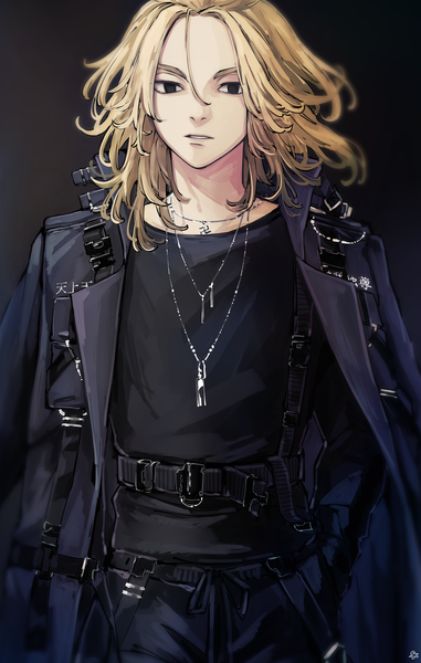 Anime picture 2600x4093 with tokyo revengers sano manjirou pizza oisii6 single long hair tall image looking at viewer highres simple background blonde hair upper body black eyes black background clothes on shoulders boy pendant