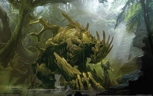 Anime picture 2560x1600 with guild wars 2 kekai kotaki highres wide image wallpaper girl plant (plants) tree (trees) water forest monster