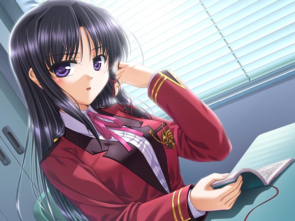 Anime picture 1200x900 with fortune arterial august soft kuze kiriha single long hair looking at viewer fringe open mouth black hair purple eyes game cg adjusting hair girl uniform ribbon (ribbons) school uniform serafuku notebook jalousie