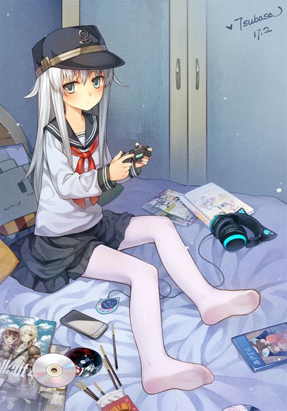 Anime picture 1475x2111 with kantai collection fallout fallout 4 sony axent wear headphones hibiki destroyer tsubasa tsubasa single long hair tall image looking at viewer blush fringe blue eyes sitting holding signed animal ears payot silver hair