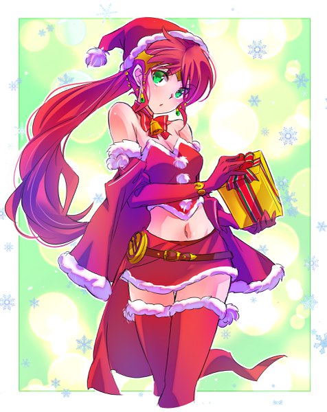 Anime picture 1905x2400 with rwby rooster teeth pyrrha nikos iesupa single long hair tall image looking at viewer highres holding green eyes ponytail red hair off shoulder midriff fur trim border christmas bell collar outline