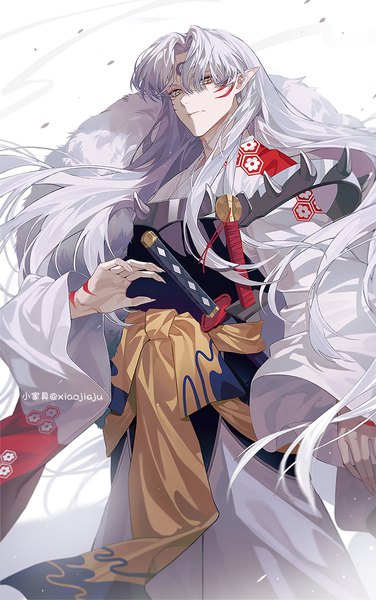 Anime picture 752x1200 with inuyasha sesshomaru xiaojiaju single long hair tall image standing signed yellow eyes silver hair wind pointy ears from below facial mark forehead mark ready to draw boy weapon sword katana